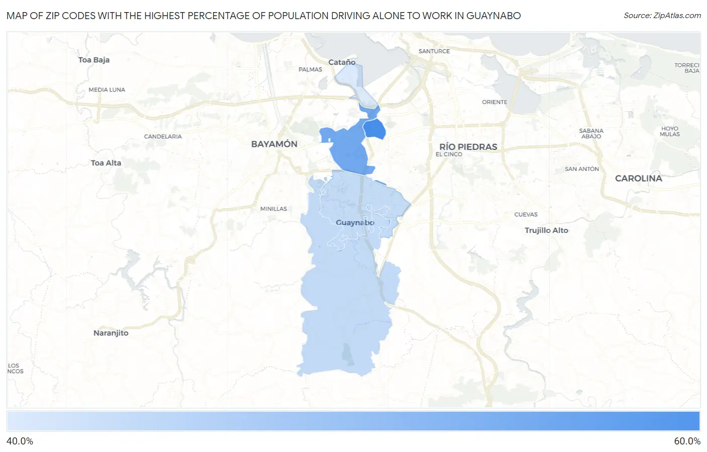Zip Codes with the Highest Percentage of Population Driving Alone to Work in Guaynabo Map