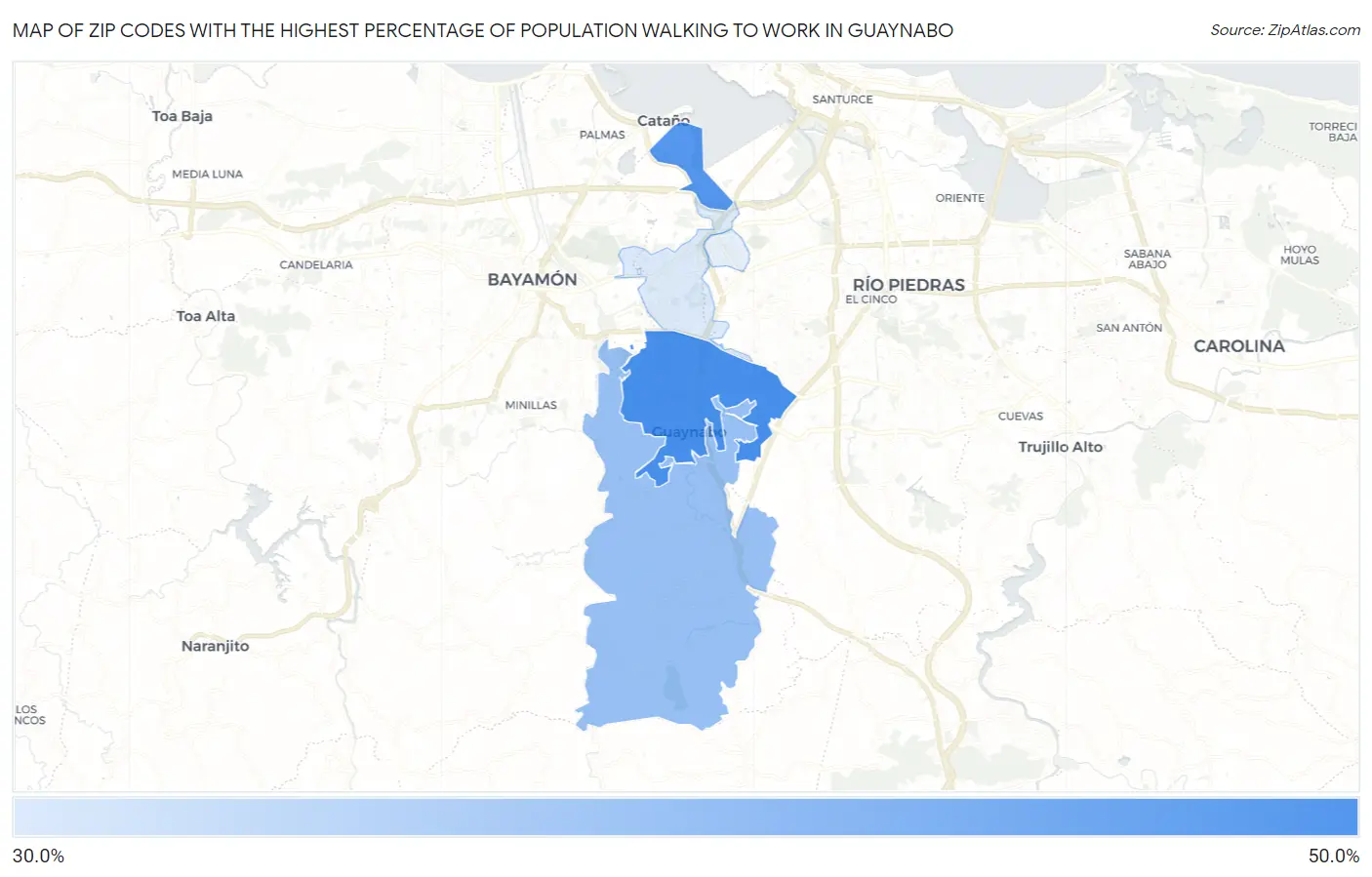 Zip Codes with the Highest Percentage of Population Walking to Work in Guaynabo Map