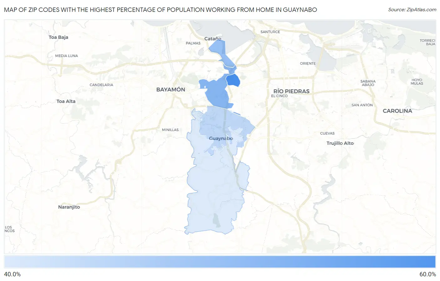 Zip Codes with the Highest Percentage of Population Working from Home in Guaynabo Map