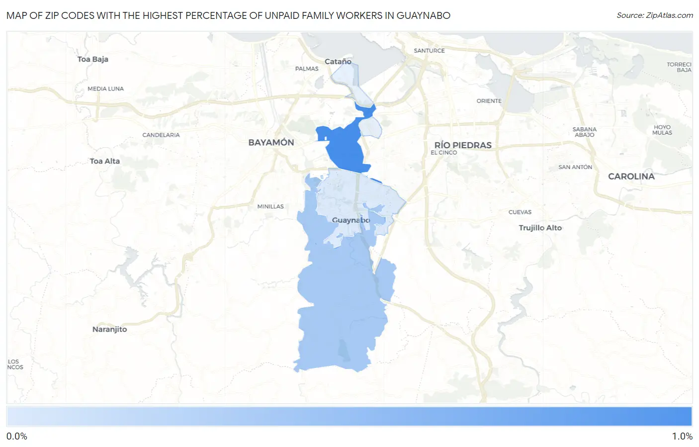 Zip Codes with the Highest Percentage of Unpaid Family Workers in Guaynabo Map