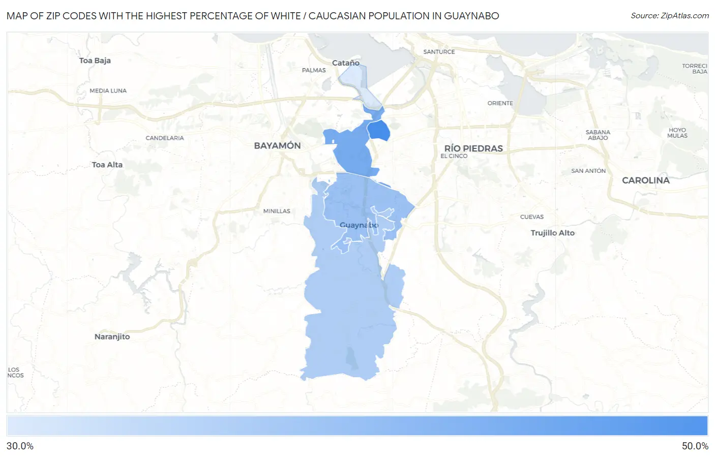Zip Codes with the Highest Percentage of White / Caucasian Population in Guaynabo Map