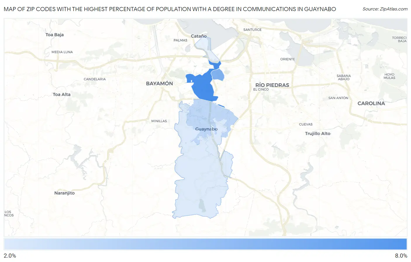 Zip Codes with the Highest Percentage of Population with a Degree in Communications in Guaynabo Map