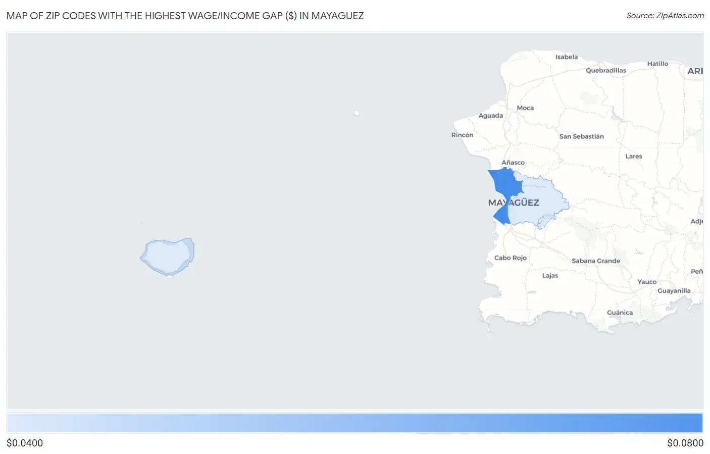 Zip Codes with the Highest Wage/Income Gap ($) in Mayaguez Map