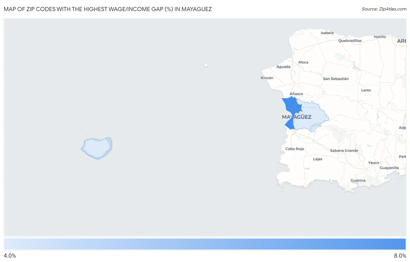 Zip Codes with the Highest Wage/Income Gap (%) in Mayaguez Map