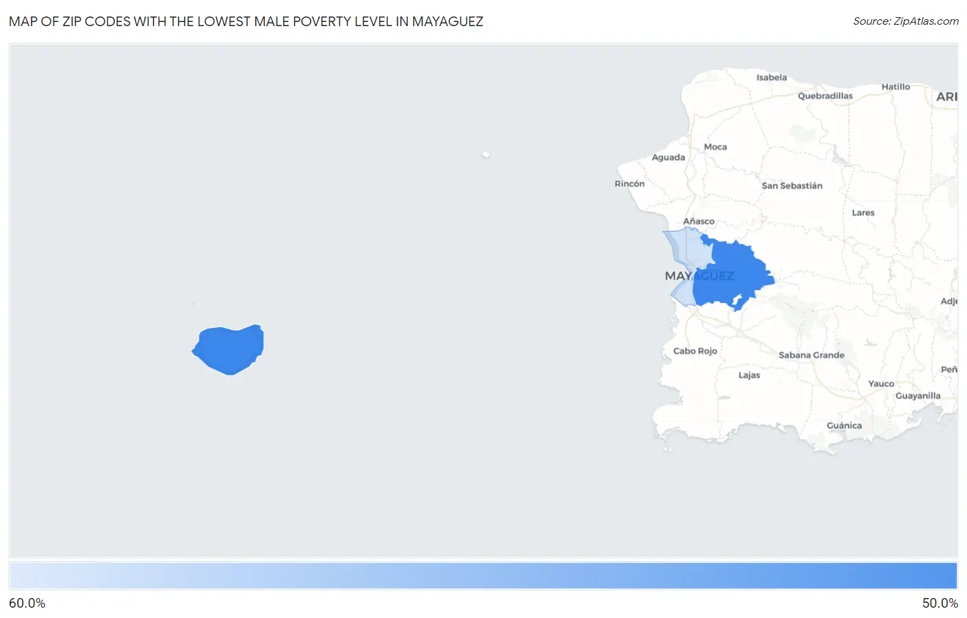 Zip Codes with the Lowest Male Poverty Level in Mayaguez Map