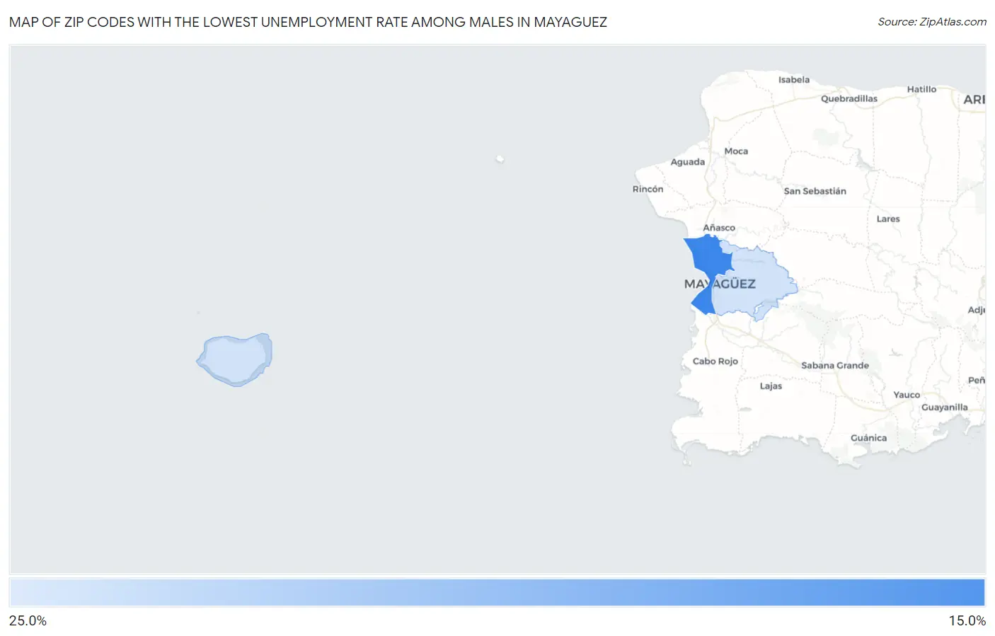Zip Codes with the Lowest Unemployment Rate Among Males in Mayaguez Map