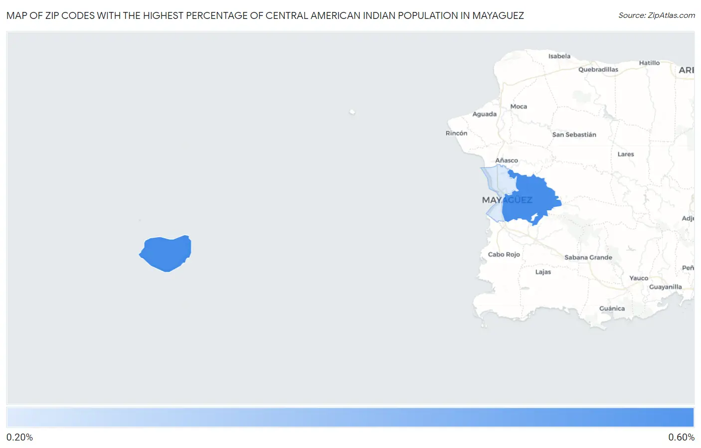 Zip Codes with the Highest Percentage of Central American Indian Population in Mayaguez Map
