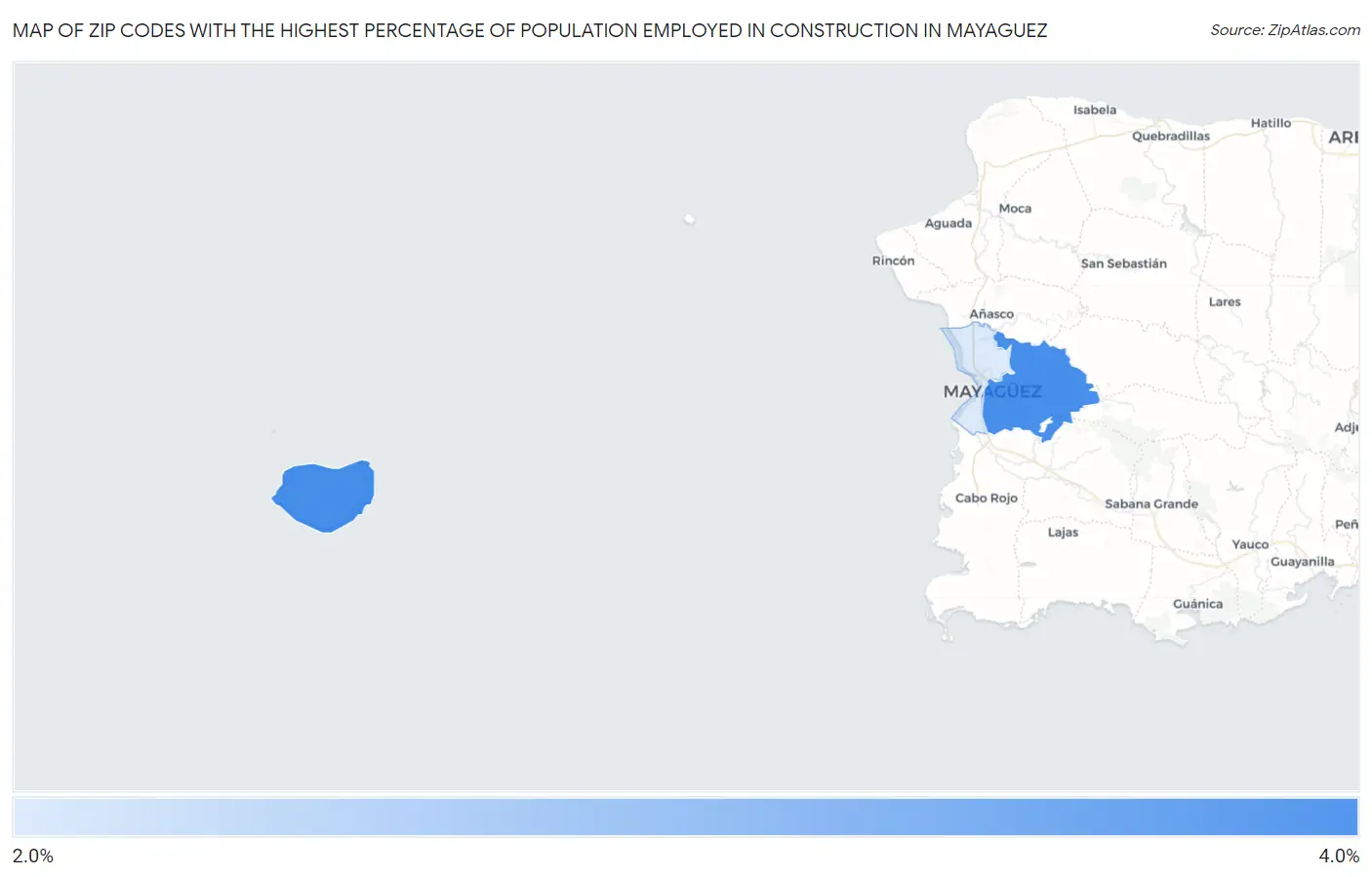 Zip Codes with the Highest Percentage of Population Employed in Construction in Mayaguez Map
