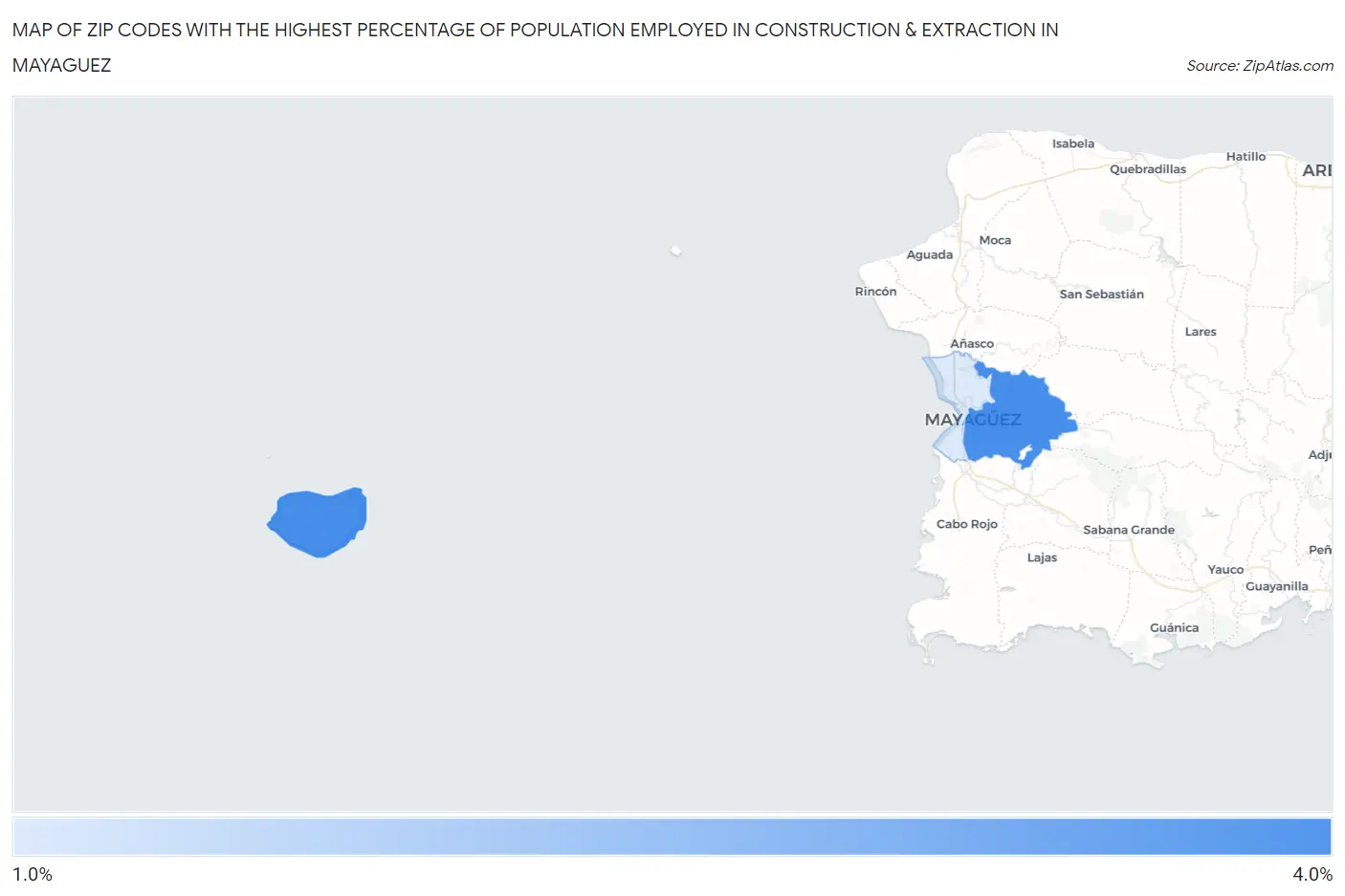 Zip Codes with the Highest Percentage of Population Employed in Construction & Extraction in Mayaguez Map