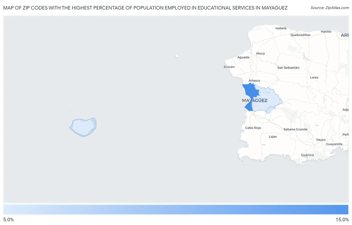 Zip Codes with the Highest Percentage of Population Employed in Educational Services in Mayaguez Map