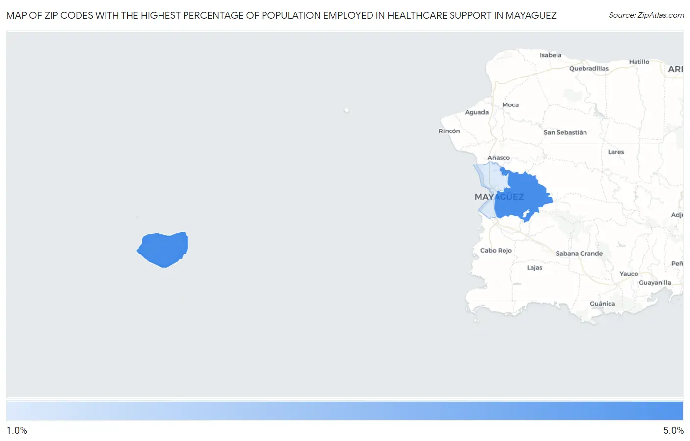Zip Codes with the Highest Percentage of Population Employed in Healthcare Support in Mayaguez Map