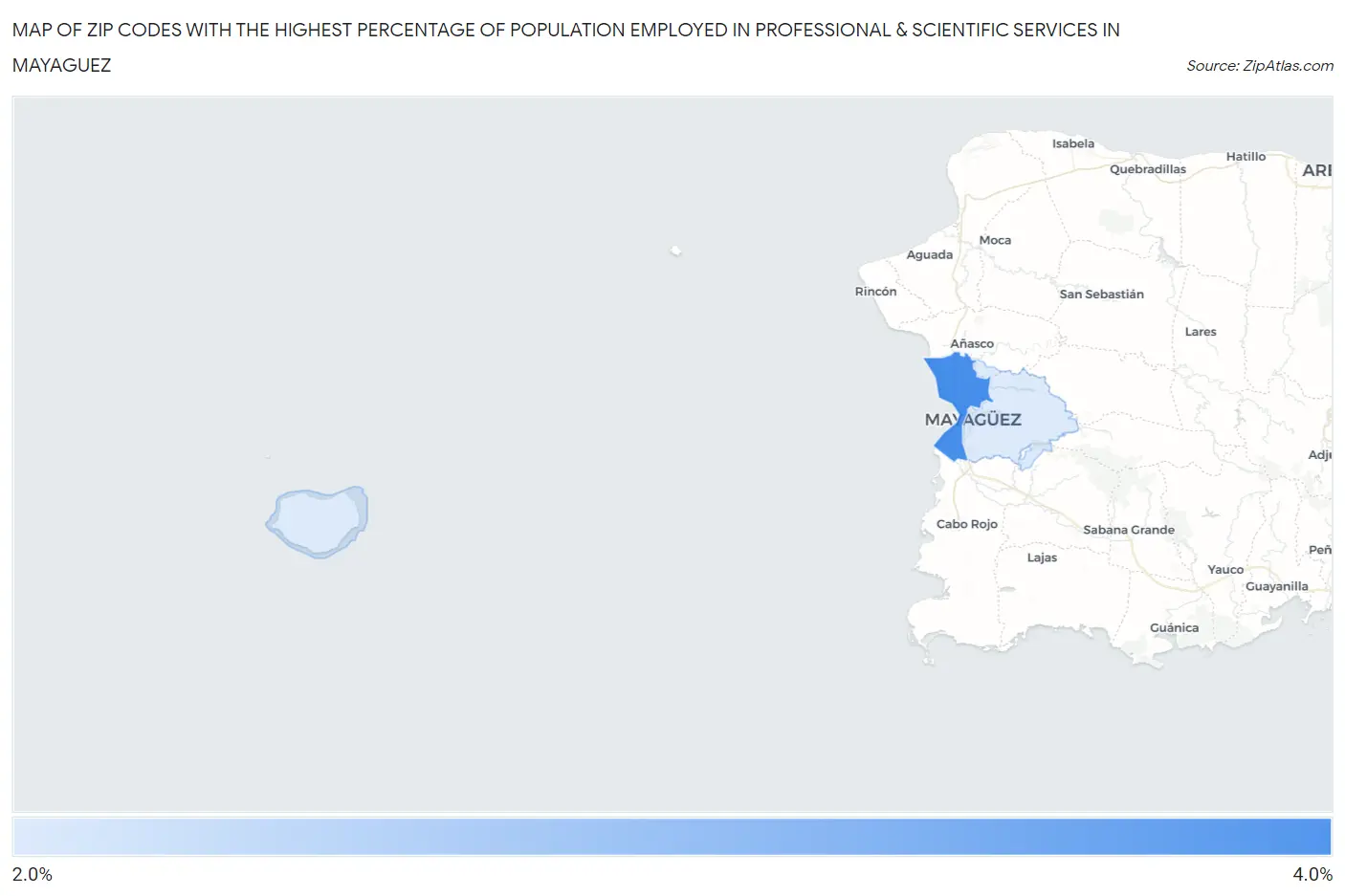 Zip Codes with the Highest Percentage of Population Employed in Professional & Scientific Services in Mayaguez Map