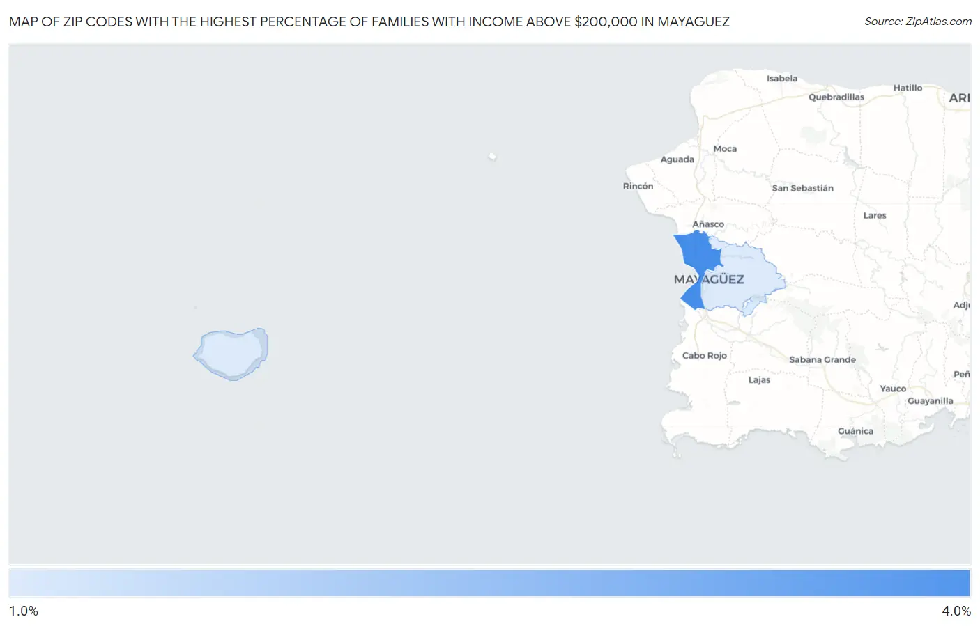 Zip Codes with the Highest Percentage of Families with Income Above $200,000 in Mayaguez Map