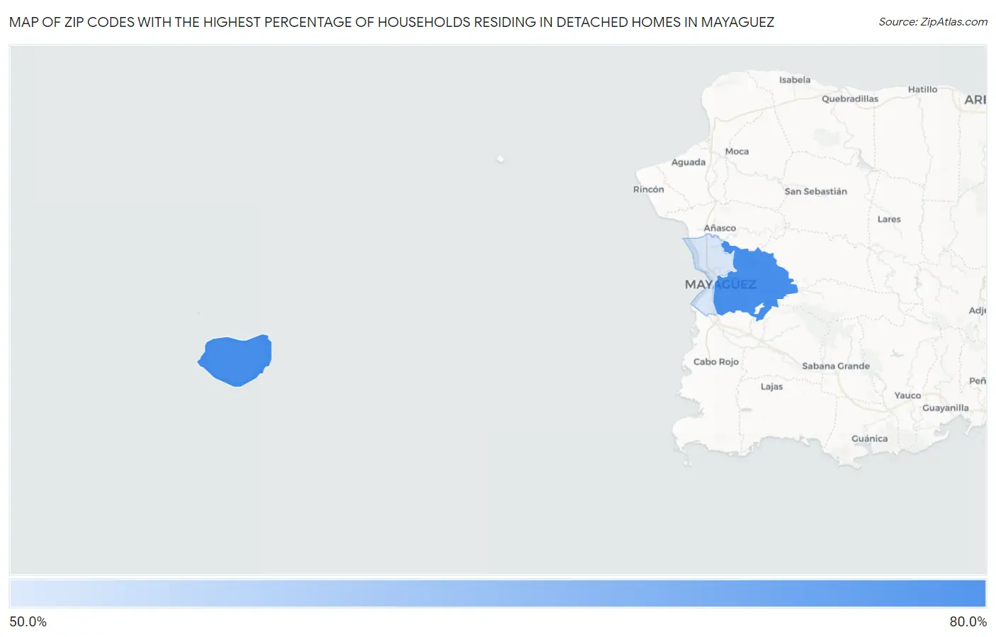 Zip Codes with the Highest Percentage of Households Residing in Detached Homes in Mayaguez Map
