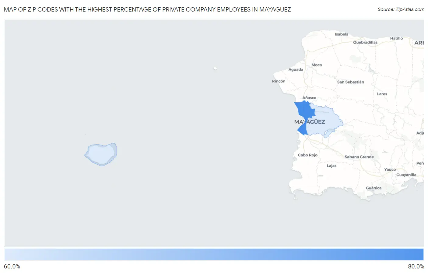Zip Codes with the Highest Percentage of Private Company Employees in Mayaguez Map