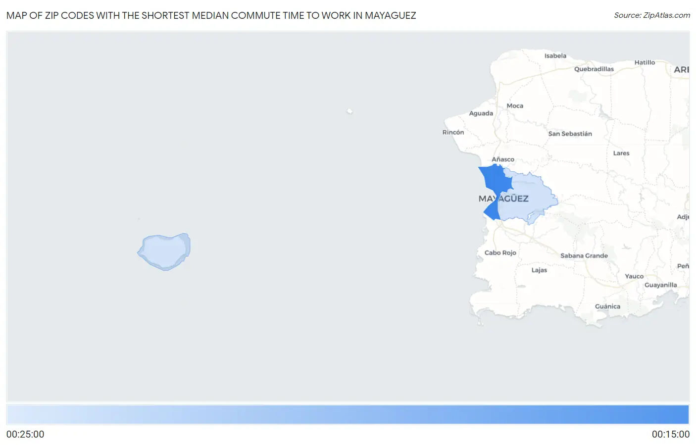 Zip Codes with the Shortest Median Commute Time to Work in Mayaguez Map