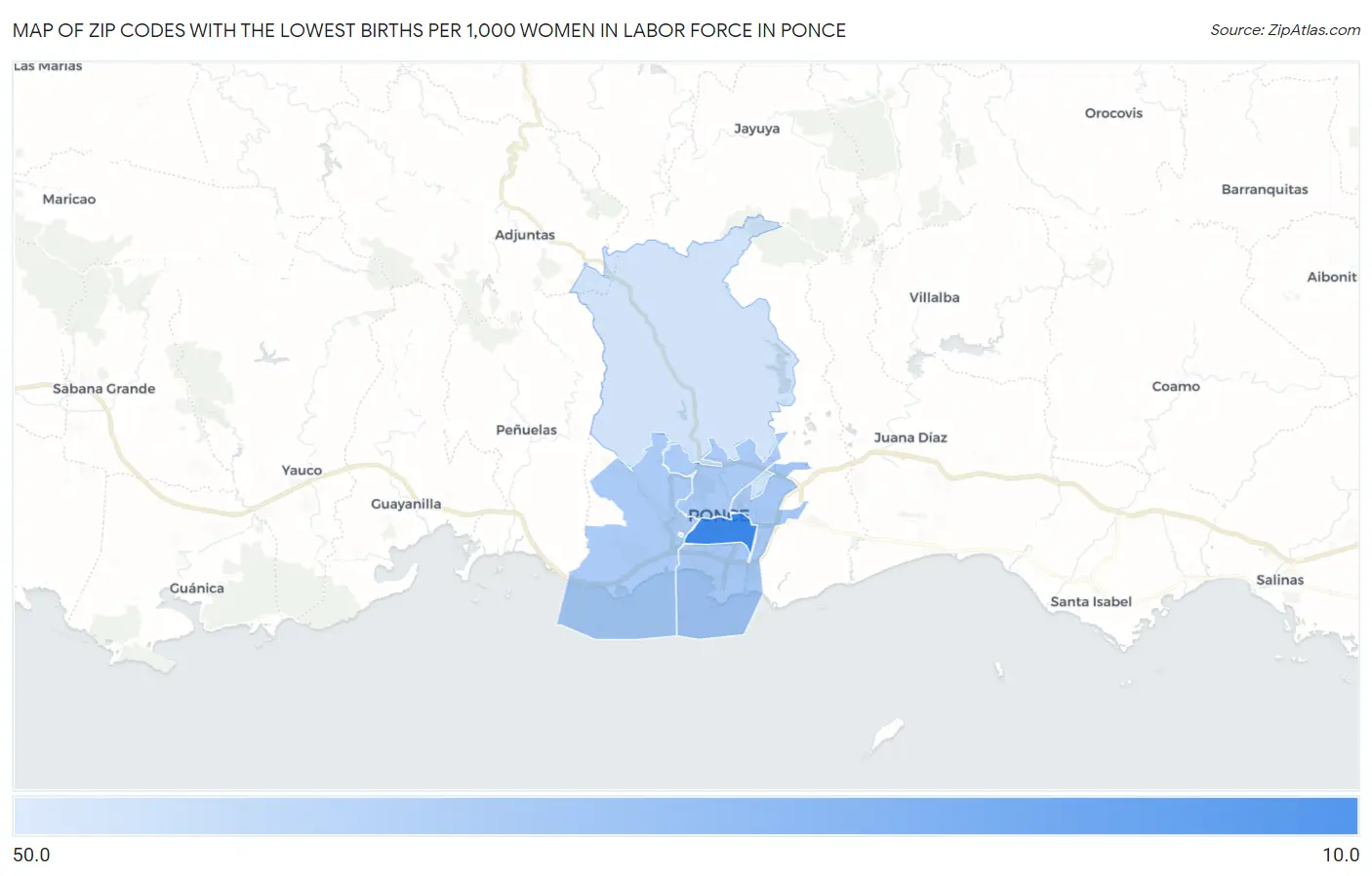 Zip Codes with the Lowest Births per 1,000 Women in Labor Force in Ponce Map