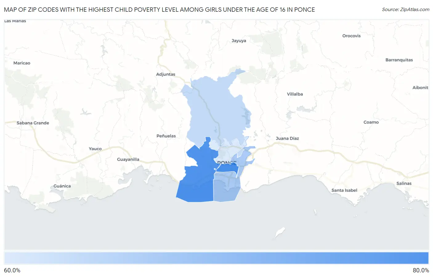 Zip Codes with the Highest Child Poverty Level Among Girls Under the Age of 16 in Ponce Map