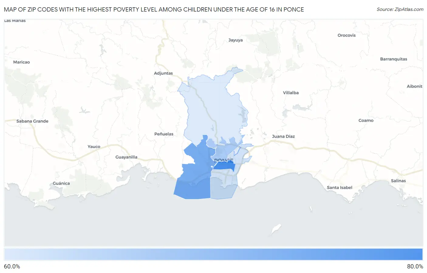 Zip Codes with the Highest Poverty Level Among Children Under the Age of 16 in Ponce Map