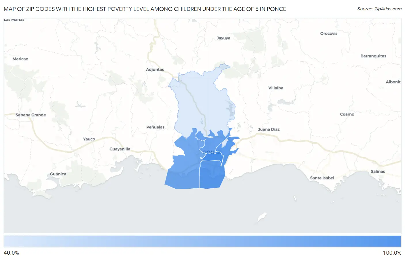 Zip Codes with the Highest Poverty Level Among Children Under the Age of 5 in Ponce Map
