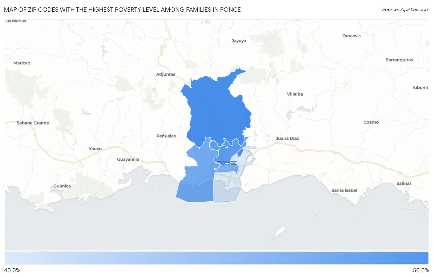 Zip Codes with the Highest Poverty Level Among Families in Ponce Map