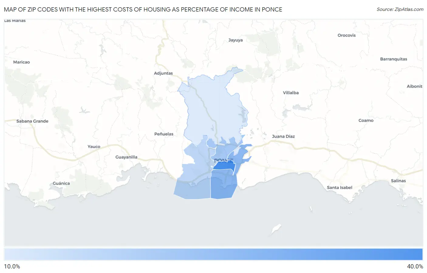 Zip Codes with the Highest Costs of Housing as Percentage of Income in Ponce Map