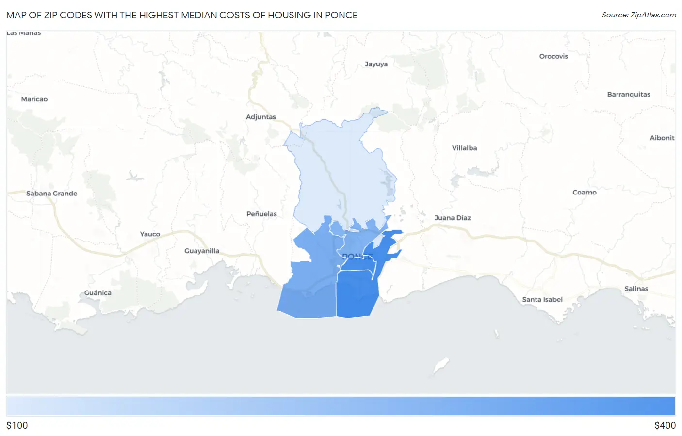 Zip Codes with the Highest Median Costs of Housing in Ponce Map