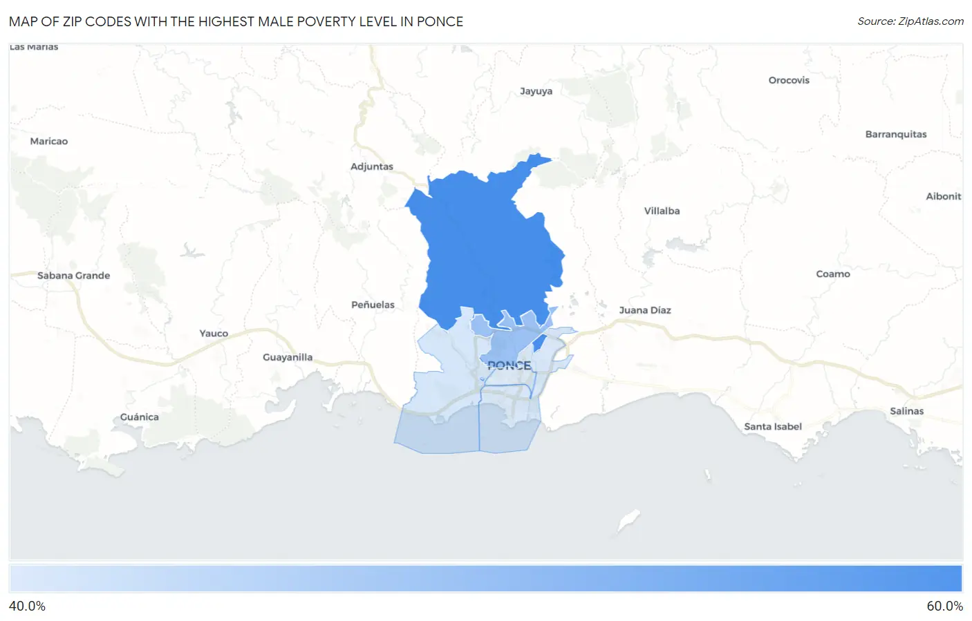 Zip Codes with the Highest Male Poverty Level in Ponce Map