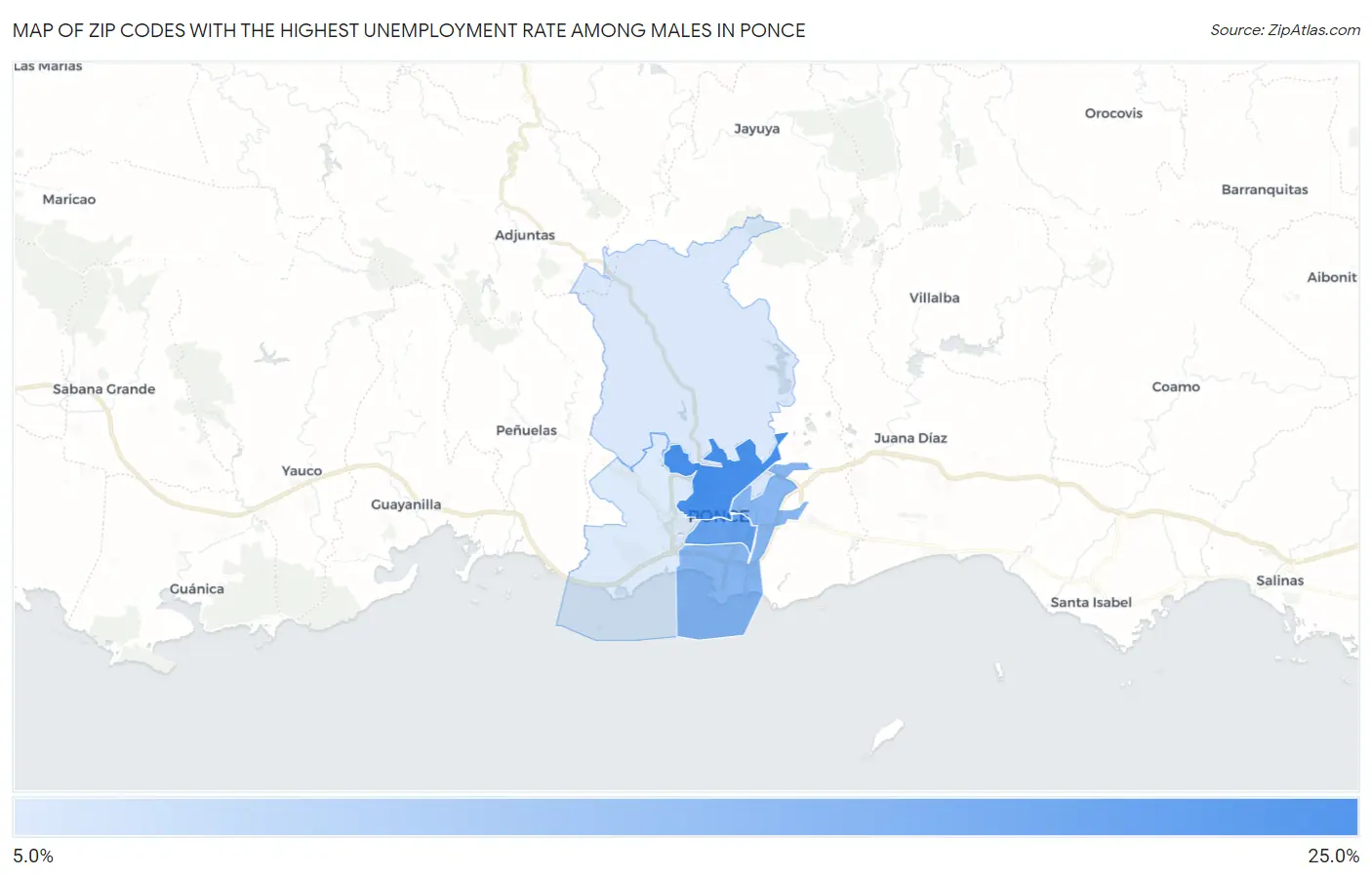 Zip Codes with the Highest Unemployment Rate Among Males in Ponce Map