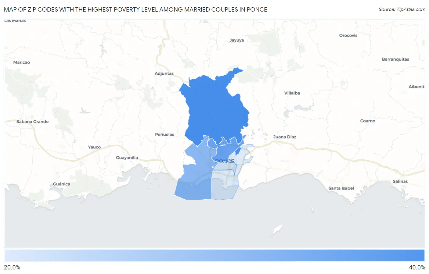 Zip Codes with the Highest Poverty Level Among Married Couples in Ponce Map
