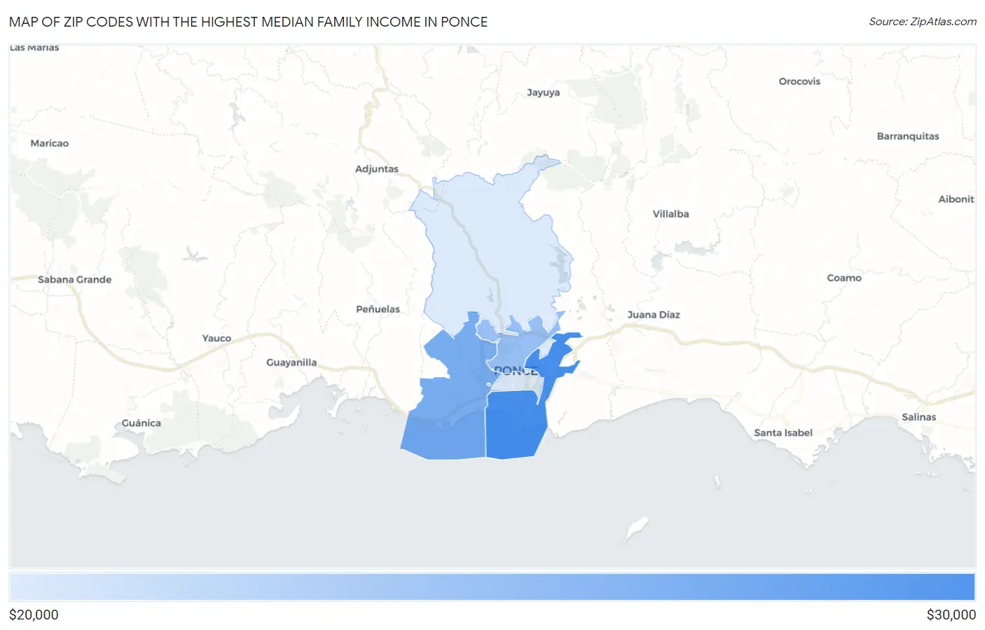 Zip Codes with the Highest Median Family Income in Ponce Map