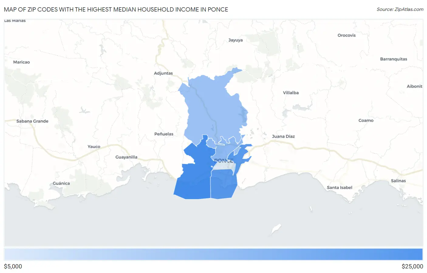 Zip Codes with the Highest Median Household Income in Ponce Map