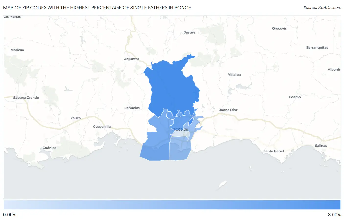 Zip Codes with the Highest Percentage of Single Fathers in Ponce Map