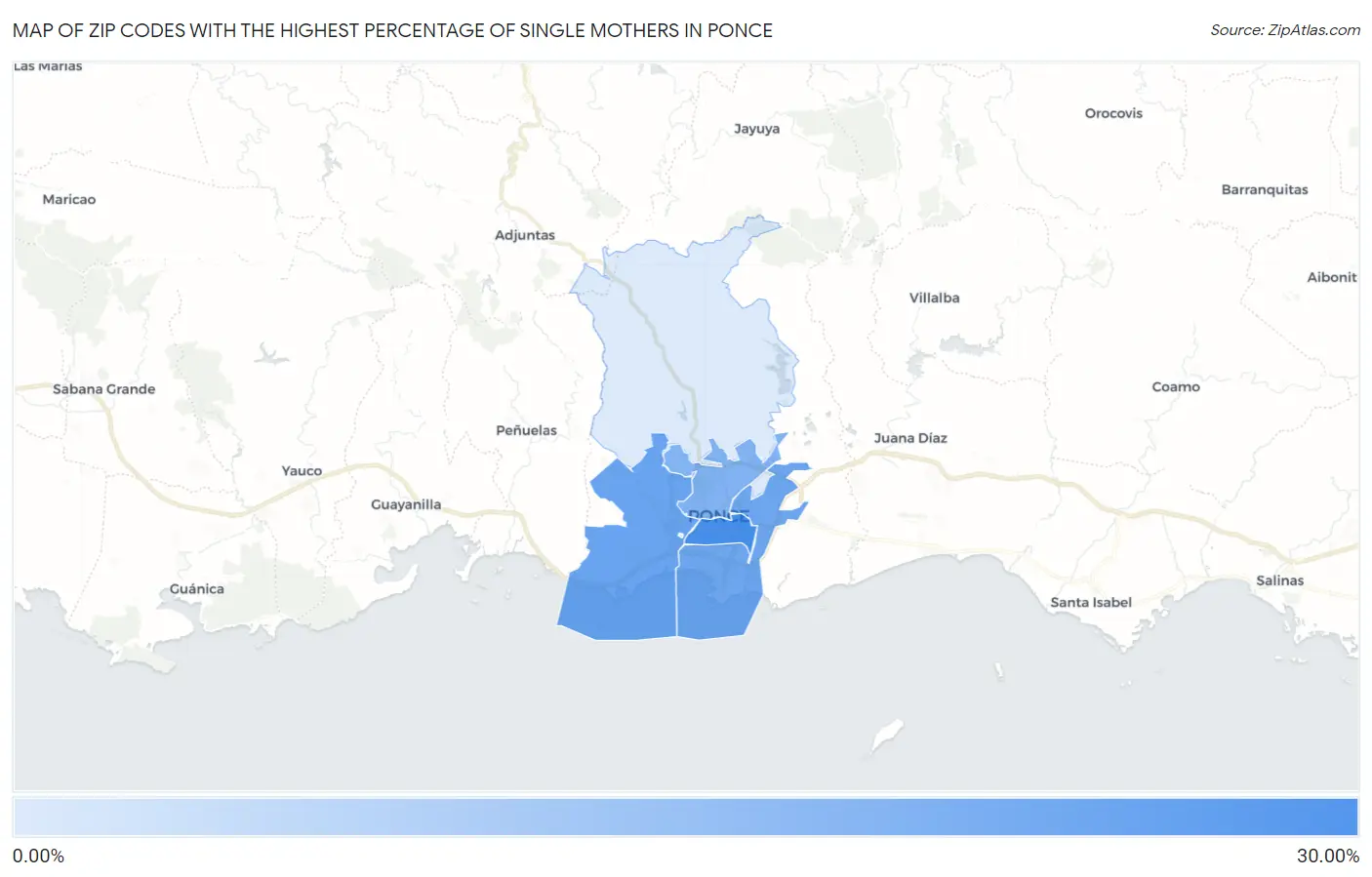 Zip Codes with the Highest Percentage of Single Mothers in Ponce Map
