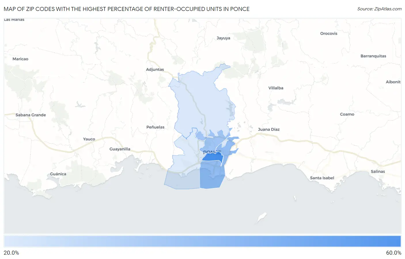 Zip Codes with the Highest Percentage of Renter-Occupied Units in Ponce Map