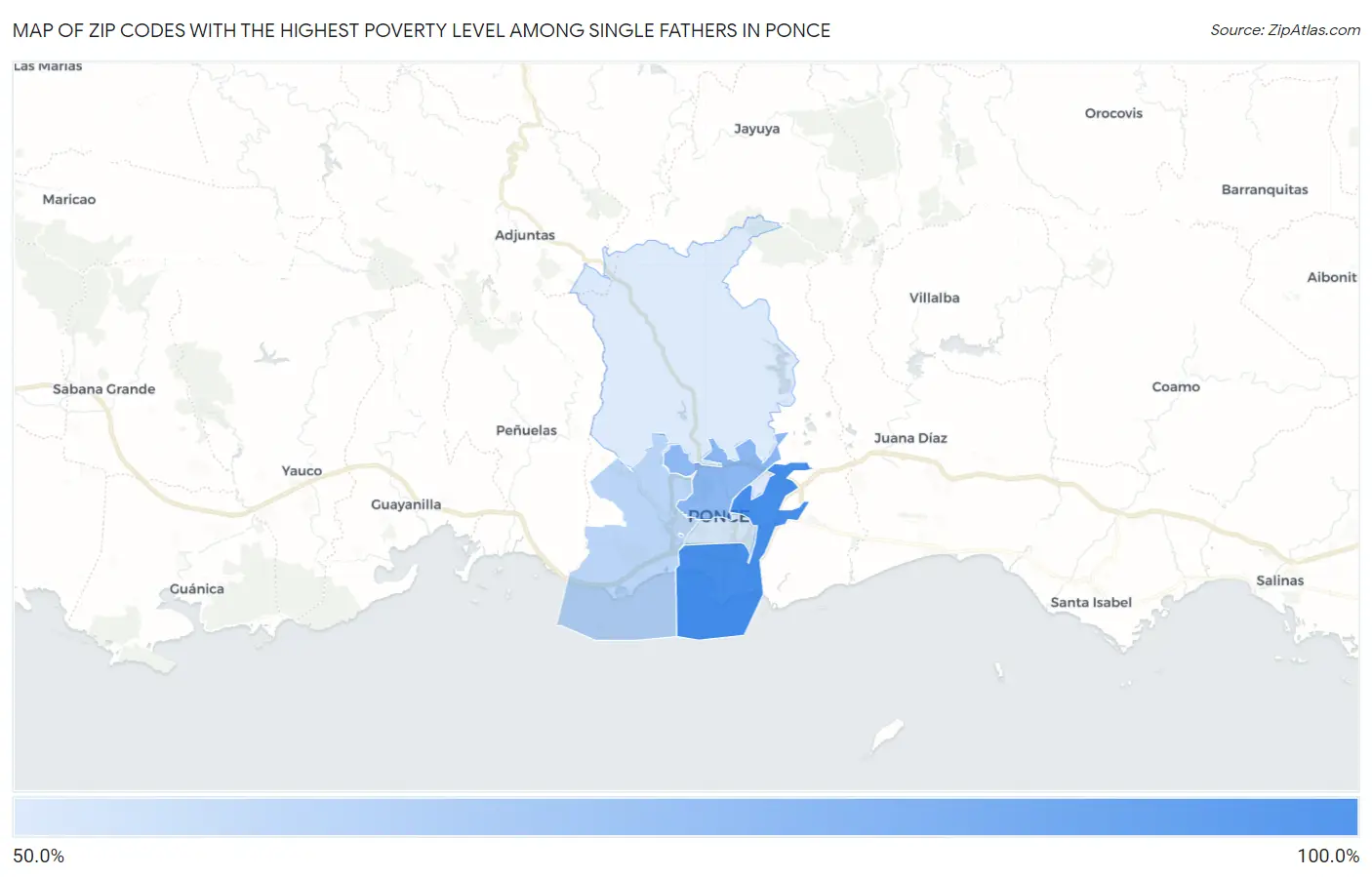 Zip Codes with the Highest Poverty Level Among Single Fathers in Ponce Map