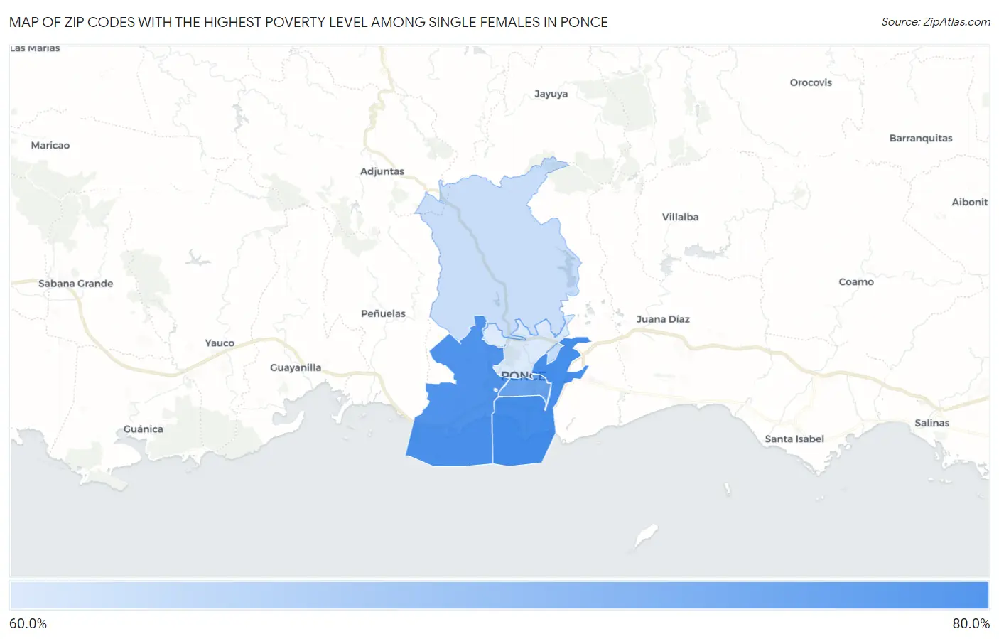 Zip Codes with the Highest Poverty Level Among Single Females in Ponce Map