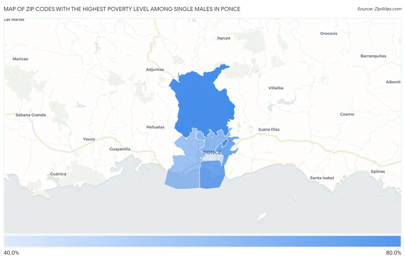 Zip Codes with the Highest Poverty Level Among Single Males in Ponce Map