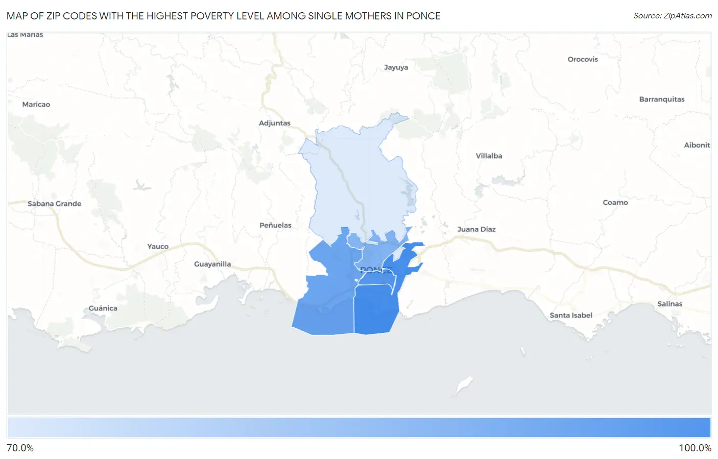 Zip Codes with the Highest Poverty Level Among Single Mothers in Ponce Map