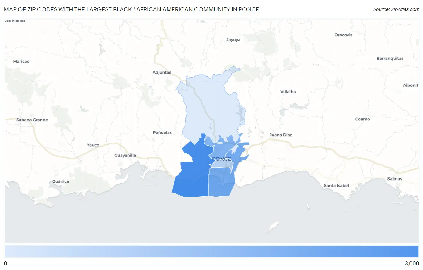 Zip Codes with the Largest Black / African American Community in Ponce Map