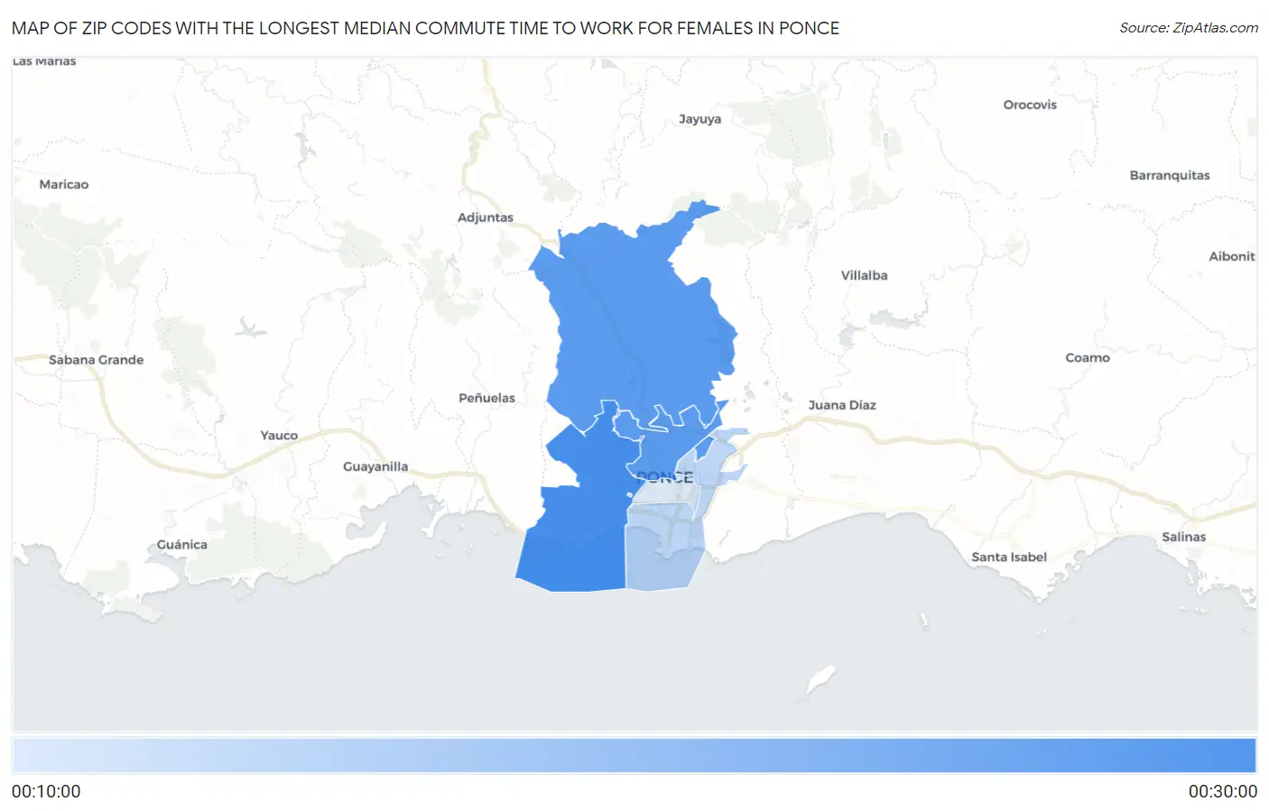 Zip Codes with the Longest Median Commute Time to Work for Females in Ponce Map