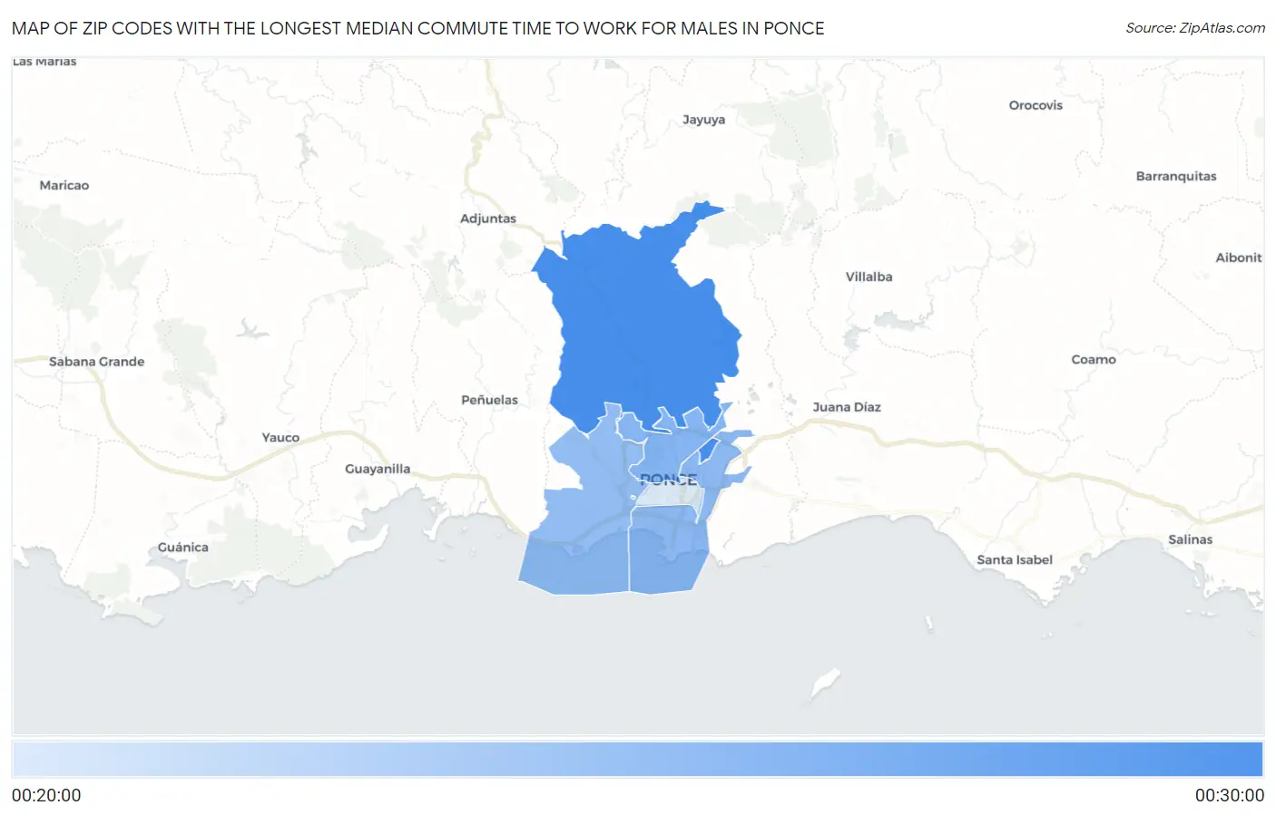 Zip Codes with the Longest Median Commute Time to Work for Males in Ponce Map