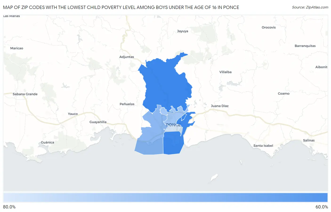 Zip Codes with the Lowest Child Poverty Level Among Boys Under the Age of 16 in Ponce Map