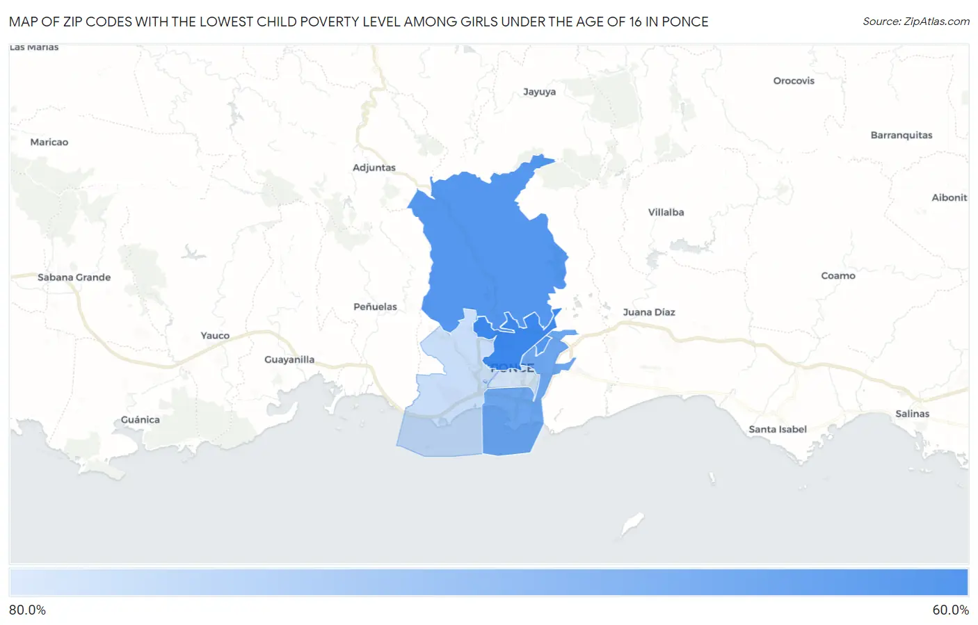 Zip Codes with the Lowest Child Poverty Level Among Girls Under the Age of 16 in Ponce Map