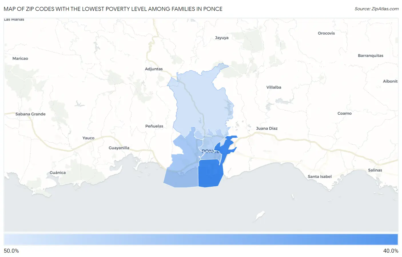 Zip Codes with the Lowest Poverty Level Among Families in Ponce Map