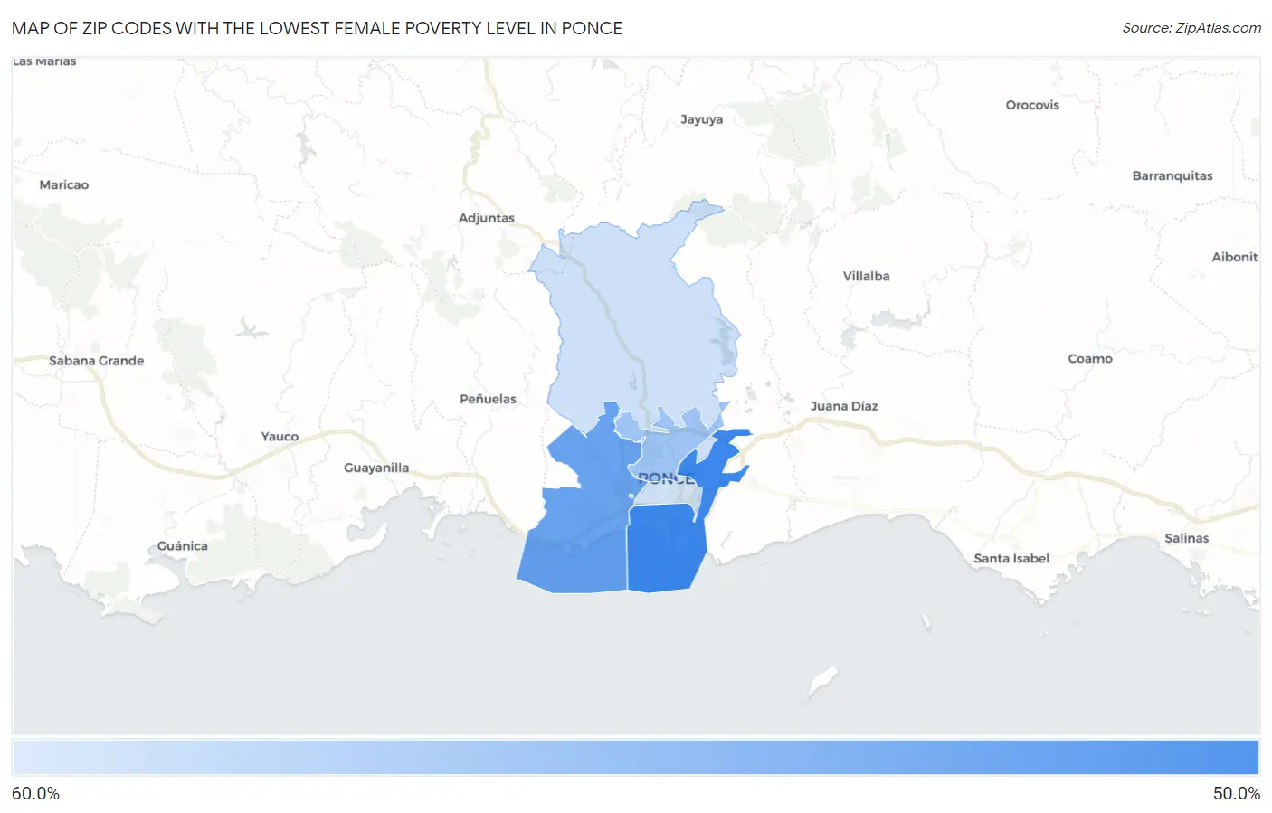 Zip Codes with the Lowest Female Poverty Level in Ponce Map