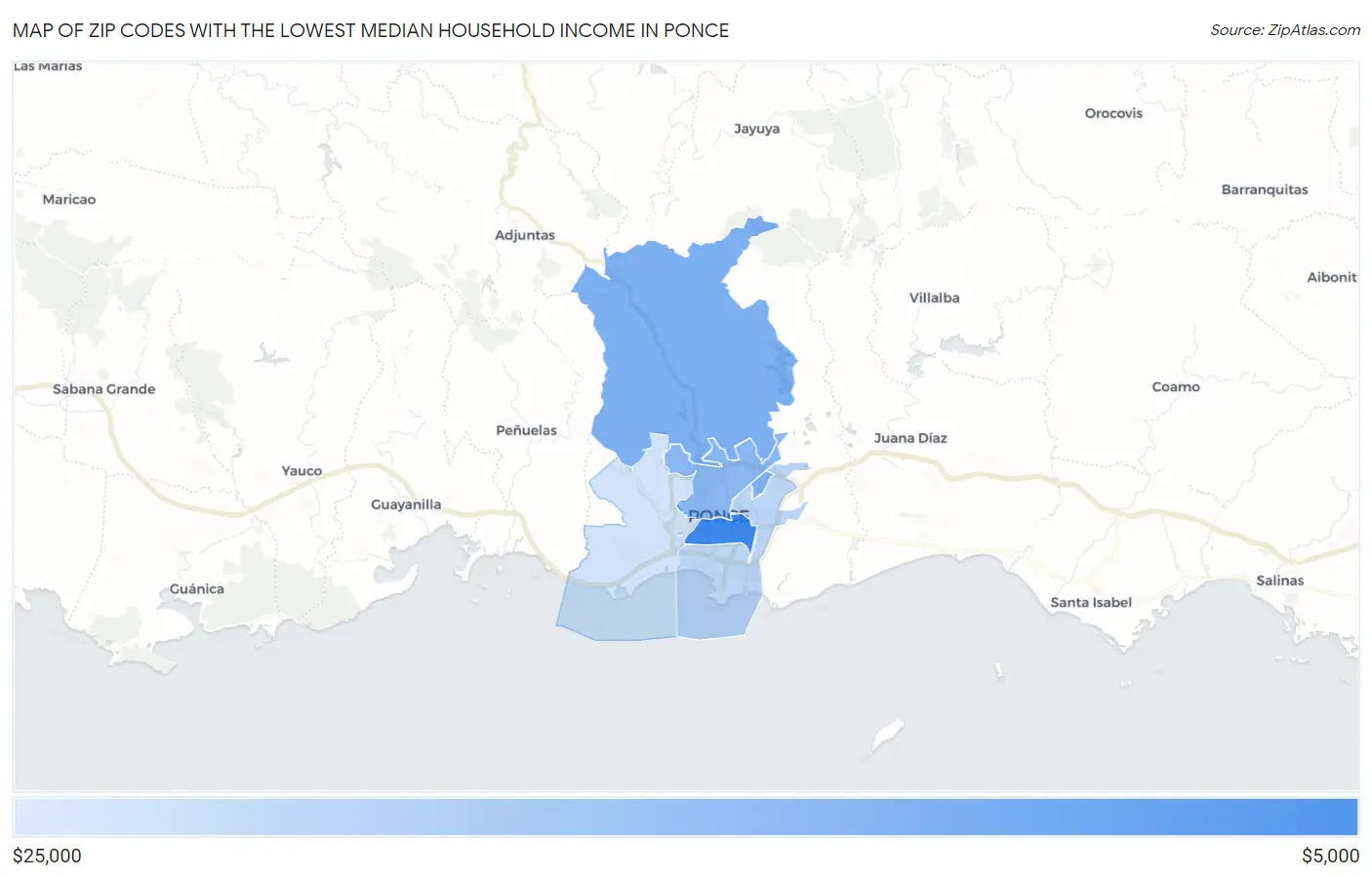 Zip Codes with the Lowest Median Household Income in Ponce Map