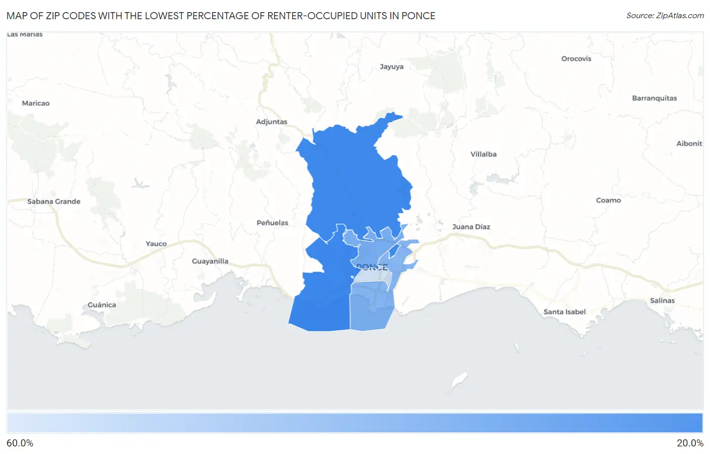 Zip Codes with the Lowest Percentage of Renter-Occupied Units in Ponce Map