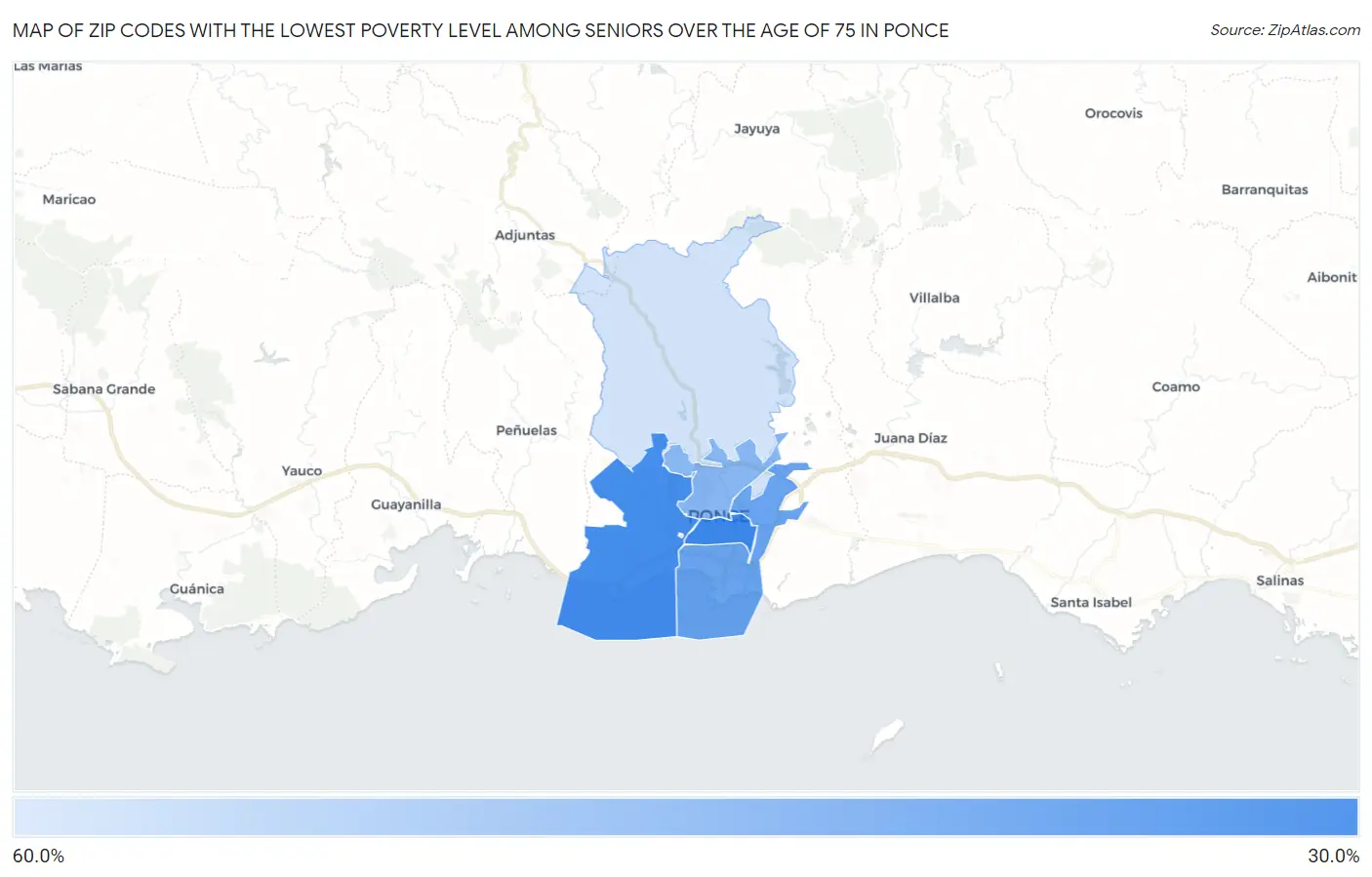 Zip Codes with the Lowest Poverty Level Among Seniors Over the Age of 75 in Ponce Map