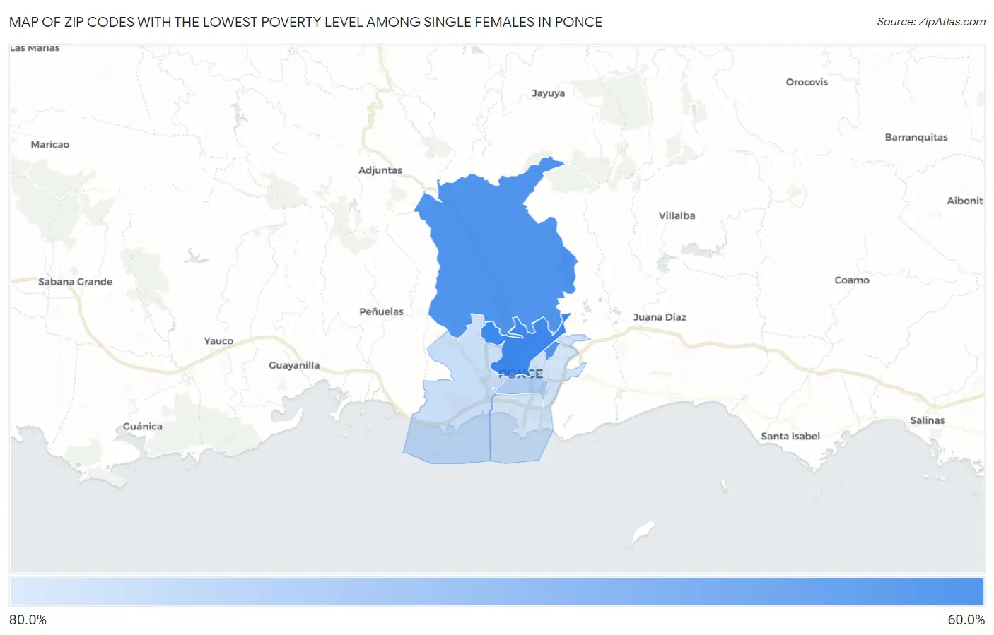 Zip Codes with the Lowest Poverty Level Among Single Females in Ponce Map